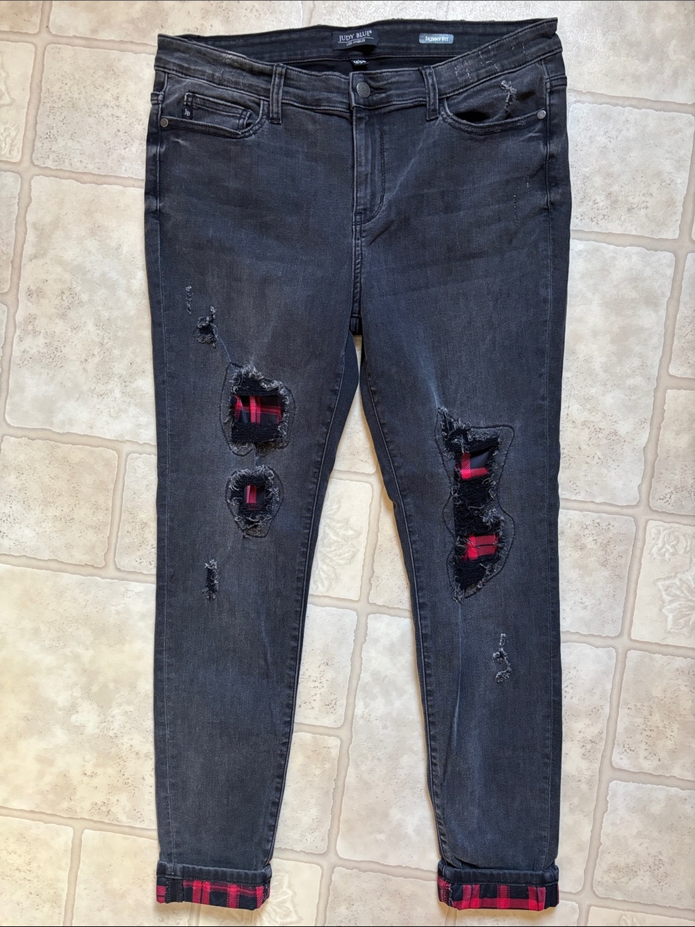 Judy Blue Womens Skinny Fit Buffalo Plaid Peek-A-Boo Dark Wash Blk Denim 15/32